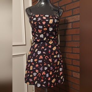 Black Bow Cat Heart Print Skirt Set M Retro Kitsch Cherry Coquette 2PC